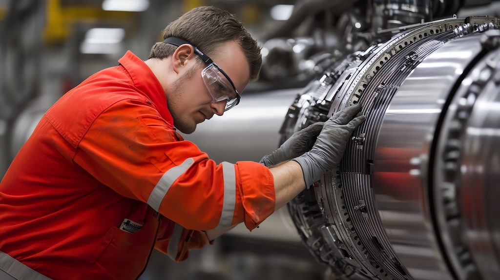 A technician in protective gear carefully inspects an aircraft engine component, showcasing precision and expertise in mechanical engineering.