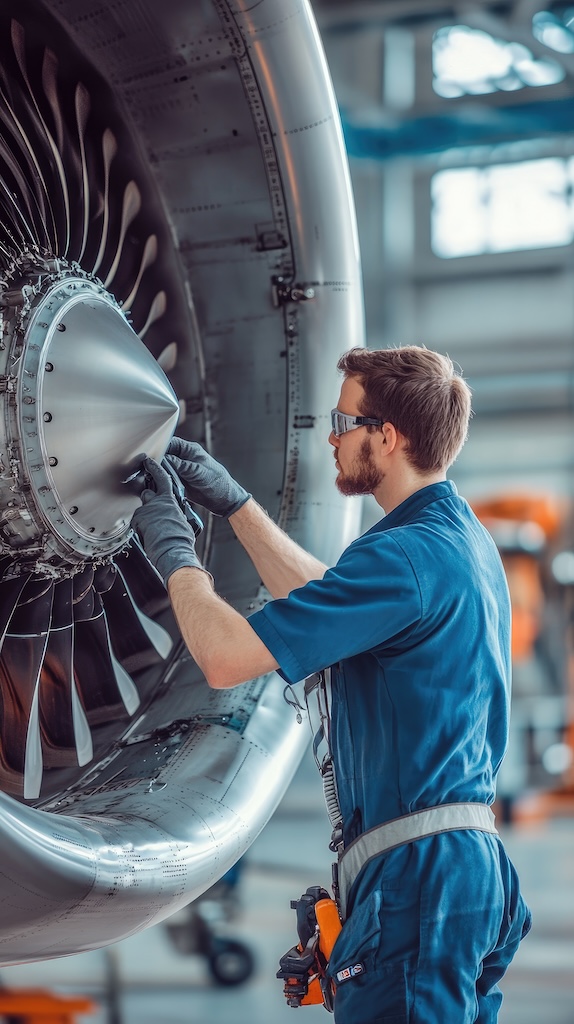 Aircraft Maintenance Mechanic Inspecting and Working on Airplane Jet Engine in Hangar